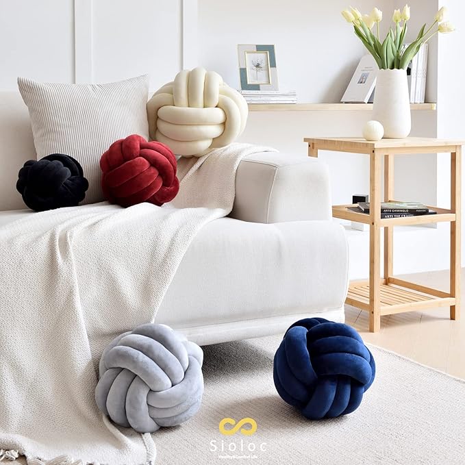 Sioloc Soft Knot Ball Pillows,Round Throw Pillow Cushion Home Decoration Plush Pillow,Throw Knotted Pillow Handmade Round Plush Pillow（10.6inches,Burgundy）