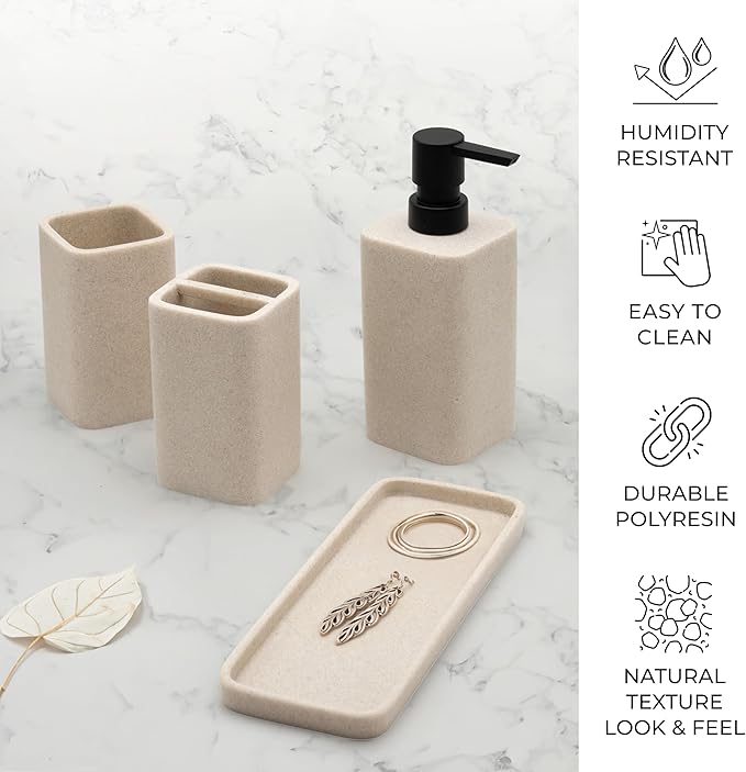 ZCCZ Beige Bathroom Accessory Sets, 4 Pieces Bathroom Accessories Complete Set Vanity Countertop Accessory Set, Includes Lotion Dispenser Soap Pump, Tumbler, Toothbrush Holder and Tray