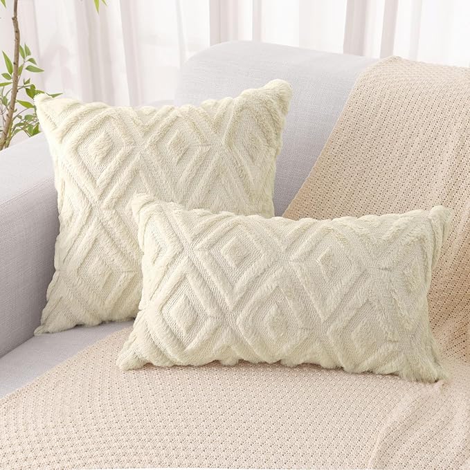 Pallene Beige Throw Pillow Covers 12x20 Set of 2, Soft Plush Faux Fur Decorative Lumbar Couch Pillow Covers for Sofa Bed Living Room Pillow Cases with 3D Diamond Pattern