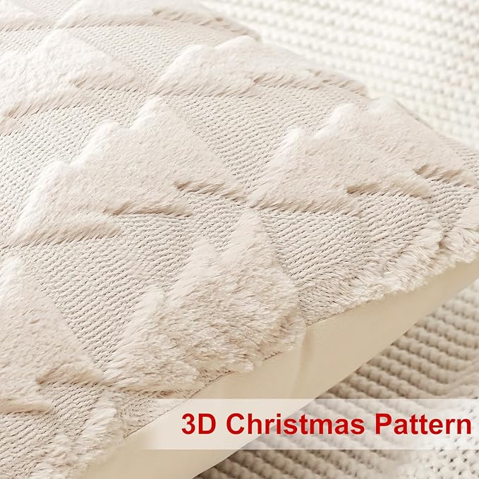 OTOSTAR Set of 2 Soft Plush Short Wool Velvet Decorative Throw Pillow Covers Square Luxury Style Cushion Case Pillow Shell for Sofa Bedroom Christmas Tree Cream Beige, 14x14 Inch