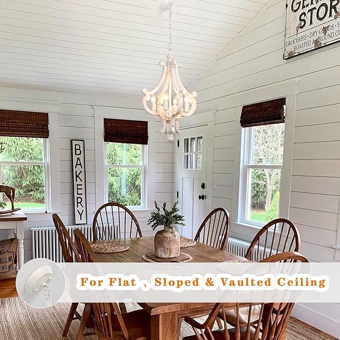 Wooden Farmhouse Chandelier 4 Lights Rustic Antique White Chandeliers for Dining Room French Country Chandelier Orb Pendant light Fixtures Hanging for Kitchen Living Room Foyer Bedroom Entryway