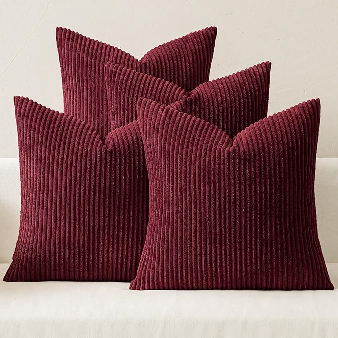 MIULEE Boho Farmhouse Throw Pillow Covers 16x16 Inch Set of 4 Mordern Nordic Cushion Covers Soft Corduroy Christmas Home Decor for Couch Bed Sofa Living Room Burgundy