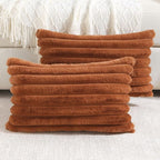 FUTEI Brown Striped Decorative Throw Pillow Covers 12x20 Inch Set of 2,Rectangle Winter Decorations Couch Lumbar Pillowcase,Soft Cozy Faux Rabbit Fur & Velvet Back,Modern Home Decor for Bed