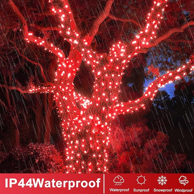 400 LED Red String Lights Outdoor, 132ft Red Christmas Lights 8 Modes Clear Wire, Plug in Waterproof Fairy String Lights for Bedroom Christmas Decorations