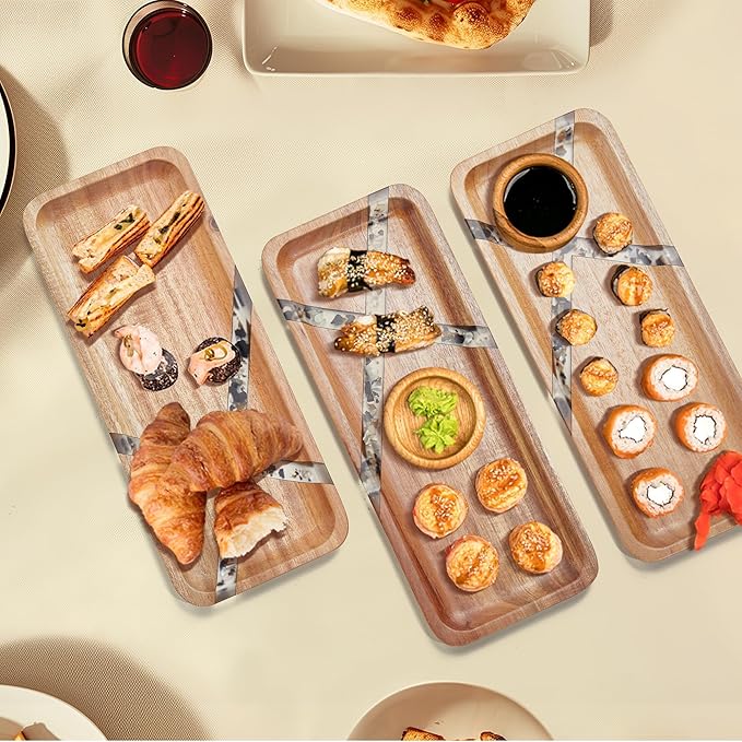 Anyvape Acacia Wood Serving Trays with Resin Inlay – 3-Piece Wooden Charcuterie Boards Set for Cheese, Fruit, Appetizers, Durable Kitchen Platters & Home Decor (14 x 5.5 x 0.78 Inches)