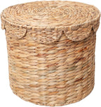 Vintage Woven Storage Basket with Scalloped Lid - Handwoven Water Hyacinth Laundry Hamper for Clothes, Blankets, Toys Organizing - Natural Wicker Basket with Lid (Large Round)