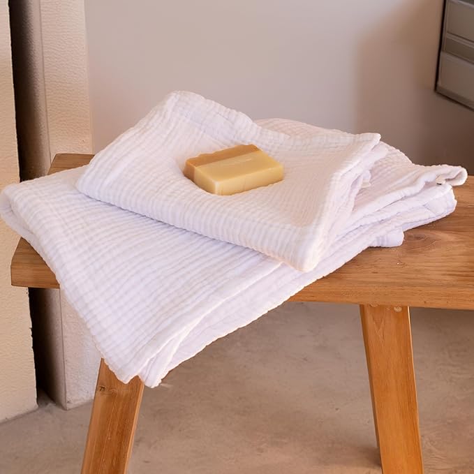 Ultra Soft Muslin Towel Adult Set, 100% Turkish Cotton 4-Layer 2 Pieces Luxury Muslin Hand & Bath Towels Sets for Bathroom (White, 1 Bath & 1 Hand Towel Set)