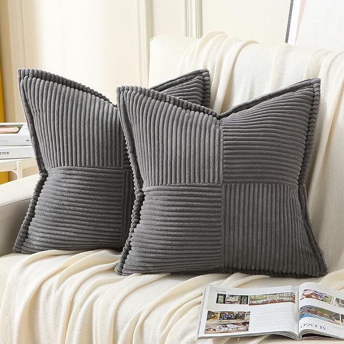 HAUSSY Dark Grey Throw Pillow Covers 22x22 Inch Set of 2, Soft Corduroy Solid Striped,Square Decorative Cushion Case,Winter Home Decorations for Couch,Bed