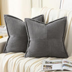 HAUSSY Dark Grey Throw Pillow Covers 22x22 Inch Set of 2, Soft Corduroy Solid Striped,Square Decorative Cushion Case,Winter Home Decorations for Couch,Bed