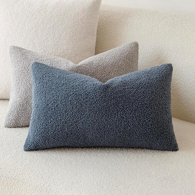 Foindtower Pack of 2, Curly Faux Fur Decorative Throw Pillow Covers Soft Plush Cushion Case with Zipper Cozy Fluffy Boho Pillowcase for Home Living Room Couch Bedroom Bed Sofa 12 x 20 Inch, Blue