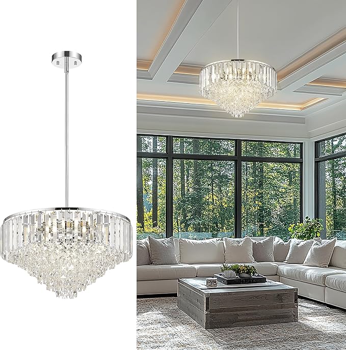 20'' Modern Chandelier,7-Tier Crystal Chandeliers, Pendant Lights Kitchen Island for Dining Room Living Room Bedroom Entryway, CC4215-7W-PC
