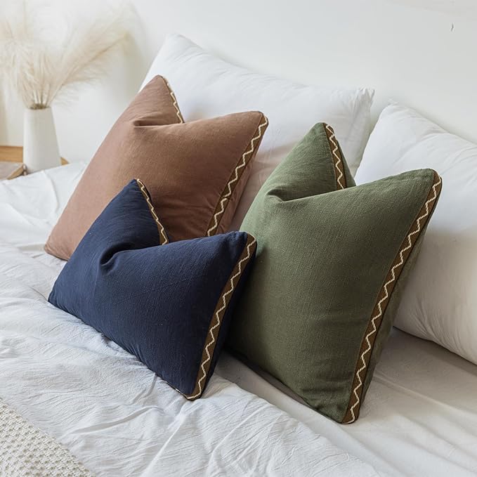 Decorative Neutral Linen Throw Pillow Covers 12x20 Inch Set of 2, Navy Blue Boho Farmhouse Pillow Covers with Braid Fringe for Sofa Bed Modern Couch Pillow Cases for Organic Home Decor