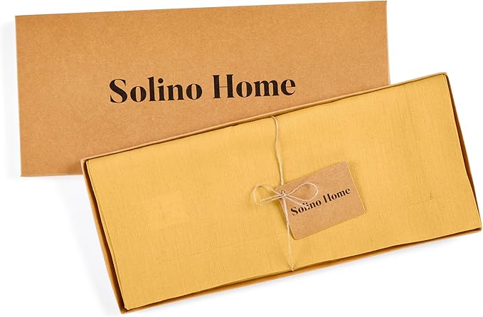 Solino Home Linen Table Runner 108 Inches Long - 100% Pure Linen Mustard Yellow Table Runner 14 x 108 Inch - Fete