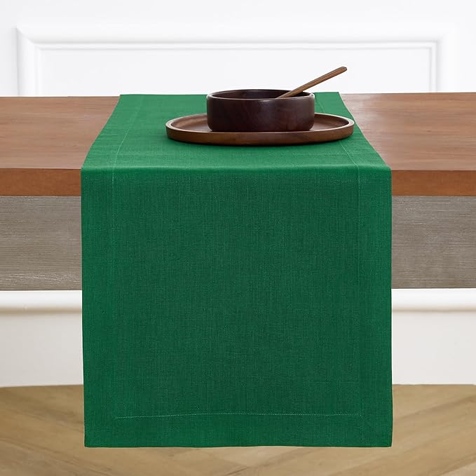 Solino Home Linen Table Runner 36 Inches - 100% Pure Linen Christmas Green Table Runner 14 x 36 Inch Ideal for Dresser and Coffee Tables - Thanksgiving - Fete