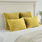 FUTEI Mustard Yellow Striped Decorative Throw Pillow Covers 18x18 Inch Set of 2,Square Winter Decorations Couch Pillow Case,Soft Cozy Faux Rabbit Fur & Velvet Back,Modern Home Decor for Bed