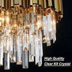 L43.3 Modern Rectangle Crystal Chandelier Gold Linear Pendant Ceiling Light Fixture for Dining Room Contemporary Oval Raindrop Chandeliers Lighting for Kitchen Island 13-Light