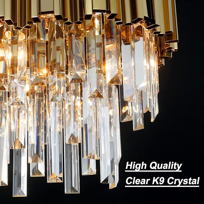 L43.3 Modern Rectangle Crystal Chandelier Gold Linear Pendant Ceiling Light Fixture for Dining Room Contemporary Oval Raindrop Chandeliers Lighting for Kitchen Island 13-Light