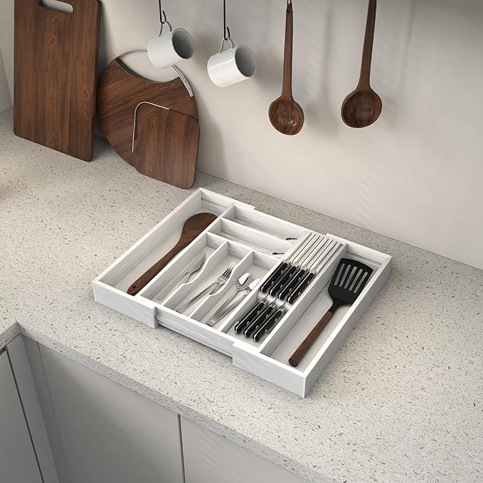 Bamboo Kitchen Drawer Organizer, Expandable Utensil Organizer with Removable Knife Block, Cutlery Tray Holder with Divider, Adjustable Silverware Organizer, White
