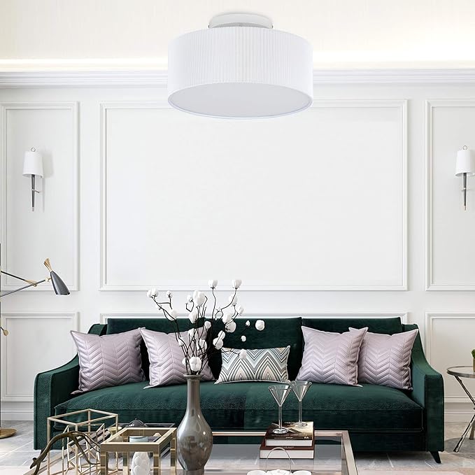 SomSom Ceiling Light, 15'' Modern Stripe Fabric Pendant Light Shade Flush Mount, Large Drum Lampshade, Lamps for bedrooms, Flush Chrome Matt, 3 Bulbs