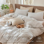 MooMee Striped Duvet Cover Set 100% Washed Cotton Linen Like Textured Breathable Durable Soft Comfy (White Cornflower Blue Wide Stripes, Queen 90"x90")
