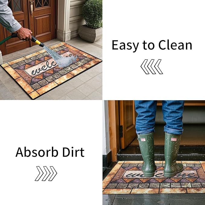 Door Mat Welcome Mat, Heavy Duty Door Mat 17.7 x 29.5 Inch Front Rug Doormat for Outdoor Entrance Home Non-Slip Rubber Rug for Front Door, Outside, Entryway, Patio (Brown Welcome)