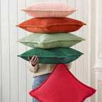 decorUhome Christmas Corduroy Green Throw Pillow Covers 18x18 Set of 2 Decorative Soft Boho Farmhouse Euro Couch Pillow Covers for Living Room Bed Sofa Broadside Striped Pillow Cases