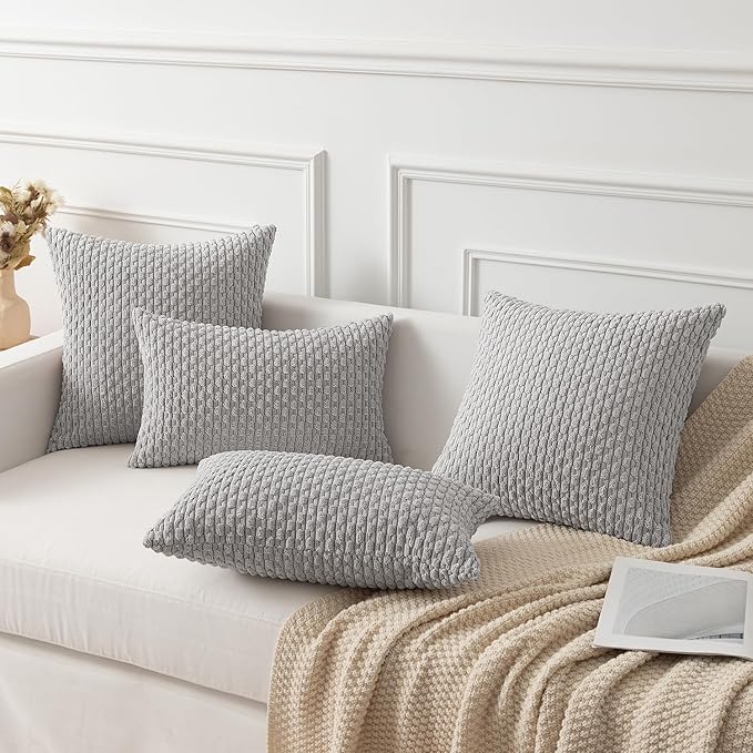 Kevin Textile Set of 2 Decorative Pillows Covers for Couch Striped Boho Velvet Sofa Pillow Covers 40x40cm 16 x 16 Inch Light Grey