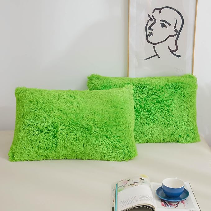 XeGe Faux Fur Fluffy Pillow Cases, Soft Plush Shaggy Furry Lime Green Pillowcases, Velvet Fuzzy Decorative Throw Pillow Covers for Bed Couch, Zipper Closure, Set of 2(Standard Size, Lime Green)