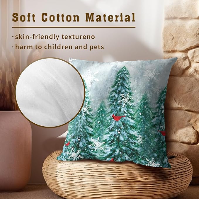 Winter Christmas Trees Pillow Cover 20x20 Inch Set of 2, Rustic Christmas Snowy Pine Forest Birds Decorative Pillow Square Cushion Case for Sofa Couch Outdoor Home Decor