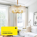 Gold Crystal Chandeliers for Dining Room 10-Light, 29.5” Modern Water Ripple Glass Light Fixture, Farmhouse Round Lighting for Kitchen Island, Bar Table