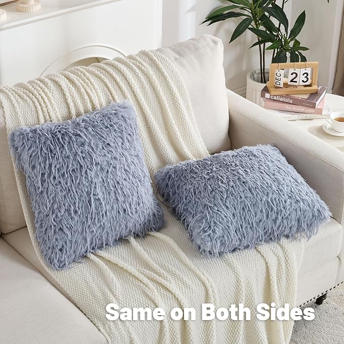 FUTEI Grey Blue Decorative Throw Pillow Covers 24x24 Inch Set of 2,Soft Fluffy Faux Feather Texture European Cushion Cases,Modern Home Luxury Decor for Couch Bed Living Room