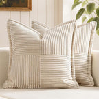 MIULEE Beige Pillow Covers 12x12 inch with Splicing Set of 2 Super Soft Boho Striped Christmas Pillow Covers Broadside Decorative Textured Throw Pillows for Couch Cushion Livingroom