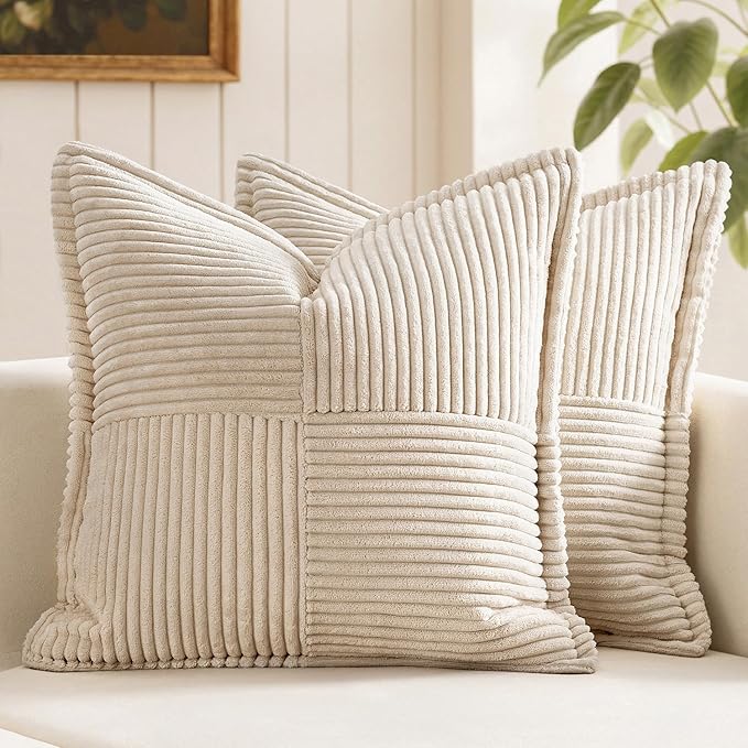 MIULEE Beige Pillow Covers 12x12 inch with Splicing Set of 2 Super Soft Boho Striped Christmas Pillow Covers Broadside Decorative Textured Throw Pillows for Couch Cushion Livingroom