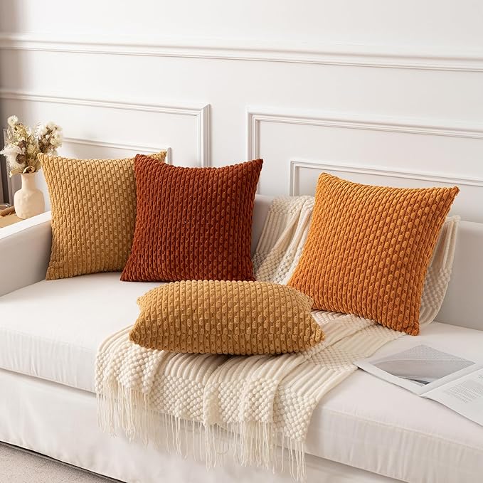 Kevin Textile Fall Throw Pillow Covers Soft Corduroy Decorative Set of 2 Boho Striped Pillow Covers Pillowcases Farmhouse Home Decor for Couch Bed Sofa Living Room 26x26 Inch Orange Yellow