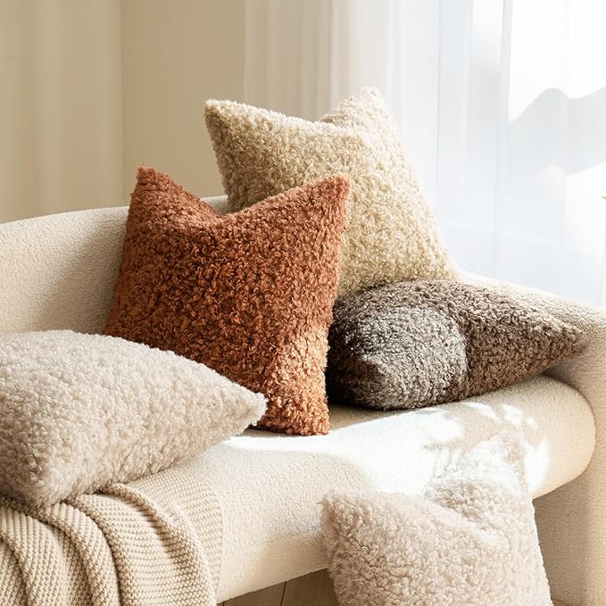 MIULEE Pack of 2 Fall Throw Pillow Covers 20x20 Inch Neutral Rust Faux Fur Decorative Sherpa Pillow Covers Fuzzy Accent Soft Sheepskin Fleece Cushion Cases for Boho Home Decor Couch Living Room Bed
