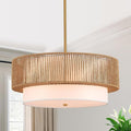 19" Bamboo Rattan Chandelier Hand-Woven Hanging Light Fixture Golden Drum Chandelier with Fabric Shade Vintage Farmhouse Bamboo Wicker Light Fixtures for Dining Room, Kitchen, Living Room