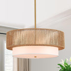 19" Bamboo Rattan Chandelier Hand-Woven Hanging Light Fixture Golden Drum Chandelier with Fabric Shade Vintage Farmhouse Bamboo Wicker Light Fixtures for Dining Room, Kitchen, Living Room