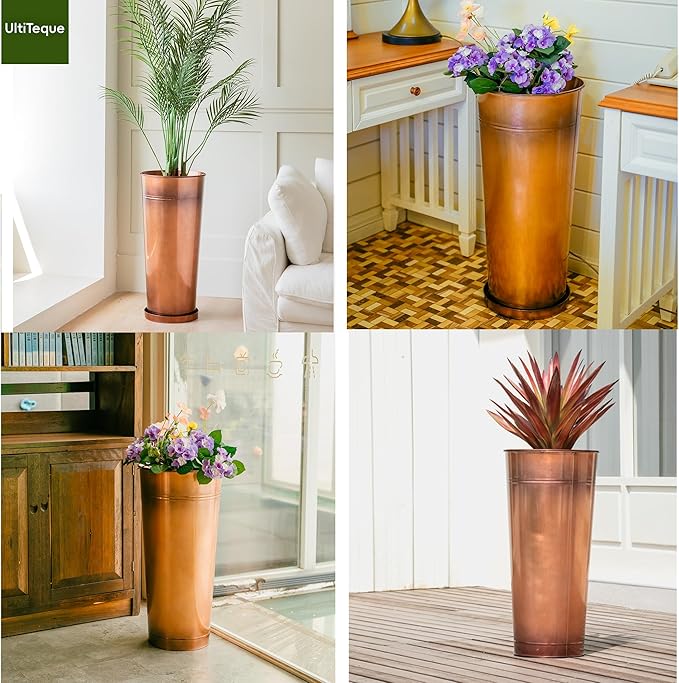 28in Tall Copper Planters Set of 2,Galvanized Steel Tall Outdoor Planter for porches/Indoor/terraces Patio- Copper Color(2planters,2inner pots with Holes, 2trays)