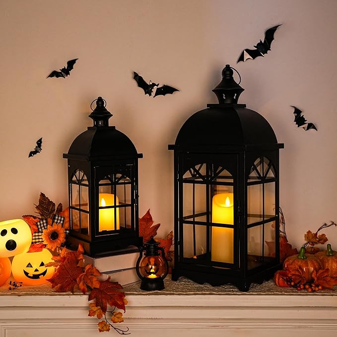 TRIROCKS Set of 2 Decorative Vintage Candle Lanterns 14.5"&20" H Farmhouse Outdoor Hanging Lanterns with Tempered Glass for Porch, Balcony, Patio, Home, Centerpieces, Indoor, Outdoor(Black)