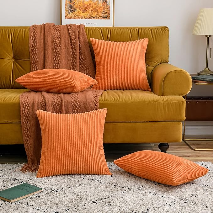 MIULEE Winter Fall Pack of 2 Orange Pillow Covers 12x20 Inch Soft Boho Striped Corduroy Throw Pillow Covers Decorative Square Cushion Cases Pillowcases for Sofa Bedroom Couch Home Decor.