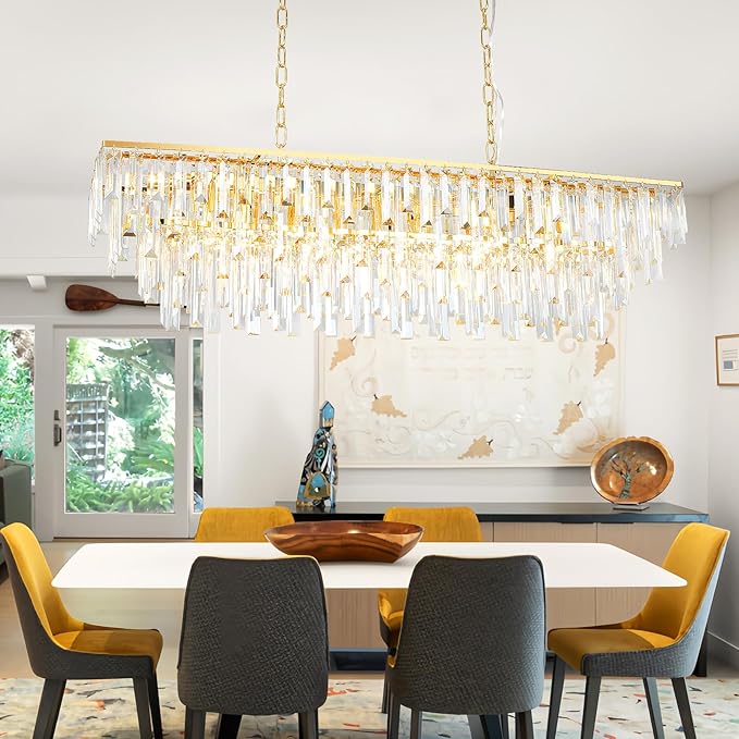 Rectangular Dining Room Chandelier, 40" Gold Modern Rectangle Luxury Crystal Chandelier 12 Lights Top K9 Linear Ceiling Pendant Light Fixture for Dining Room Kitchen Table Living Room