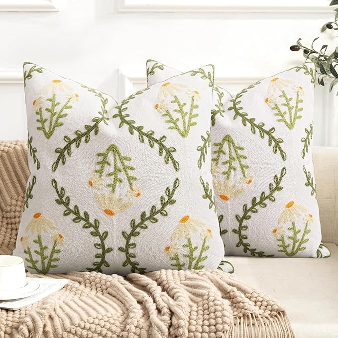 Adabana Embroidered Pillow Cover Set of 2 Farmhouse Decorative Floral Throw Pillow Covers 18x18 inch for Couch Sofa Bed Living Room Decor Green and White