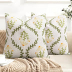 Adabana Embroidered Pillow Cover Set of 2 Farmhouse Decorative Floral Throw Pillow Covers 18x18 inch for Couch Sofa Bed Living Room Decor Green and White
