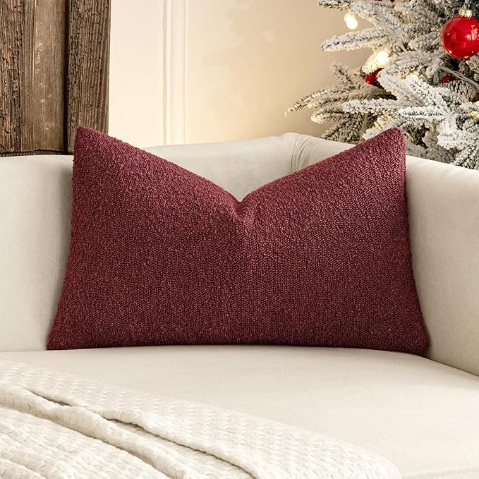 MIULEE Textured Boucle Throw Pillow Cover Christmas Burgundy Red Accent Solid Lumbar Pillow Case Decorative Soft Pack of 1 Couch Cushion Chair Sofa Bedroom Livingroom Home Decor,12x20 Inch