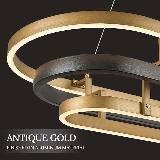 3 Ring LED Chandelier Black Gold Rectangular Chandeliers 39in Modern Oval Dining Room Chandeliers Over Table 70W Dimmable Rectangle Chandelier Light for Kitchen Island Study Room Home Office