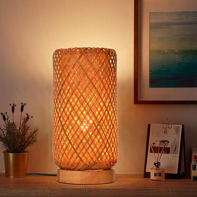 Arturesthome Bamboo Desk Light Woven Boho Beside Lamp Vintage Wicker Wooden Nightstand Lamp for Living Room,Kids Room,Nursery Room Decor