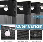 Long No Hook Shower Curtain with Snap in Liner,230GSM Waffle Weave Shower Curtains for Bathroom,71W x 77H(75"),Black