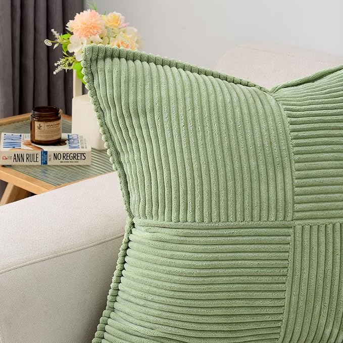 HAUSSY Sage Green Throw Pillow Covers 14x14 Inch Set of 2,Soft Solid Corduroy Striped/Wide Bordered,Square Decorative Cushion Case,Winter Home Decorations for Couch,Bed