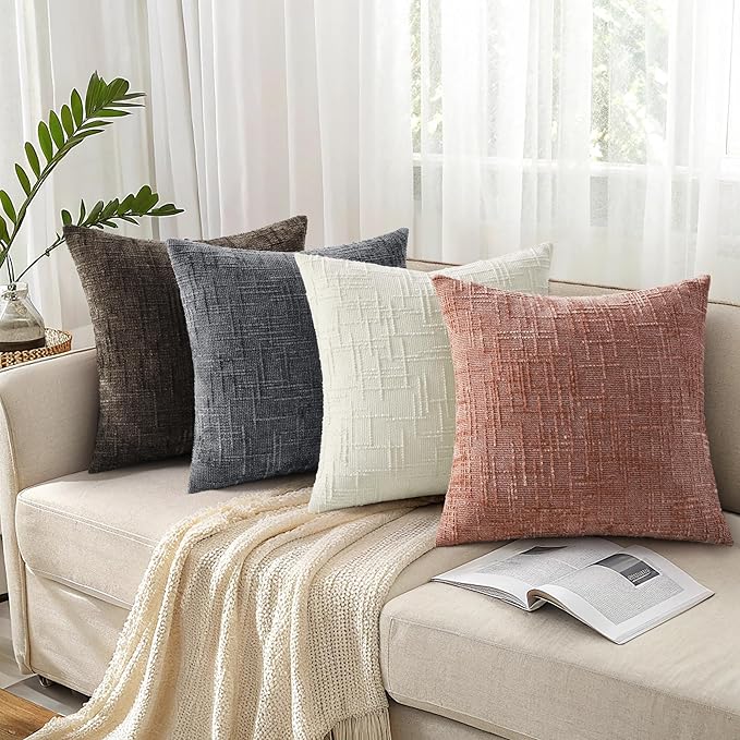 decorUhome Pink Chenille Throw Pillow Covers 22x22 Set of 2 Thick Textured Slubby Couch Pillow Covers Farmhouse Accent Modern Neutral Decorative Pillow Cases for Bed Sofa Living Room