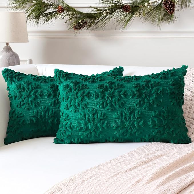 OTOSTAR Set of 2 Xmas Soft Plush Short Wool Velvet Decorative Throw Pillow Covers Rectangular Luxury Style Cushion Case Pillow Shell for Sofa Bedroom Snowflake Green, 12x20 Inch